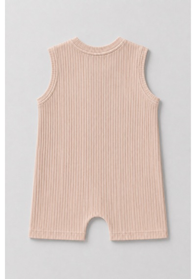 Babyden's Erkek Bebek Tavşan Desenli Yazlık Tulum Fitilli Pamuklu Kolsuz Bebek Tulumu Çıtçıtlı Romper 0-9 Ay Bej