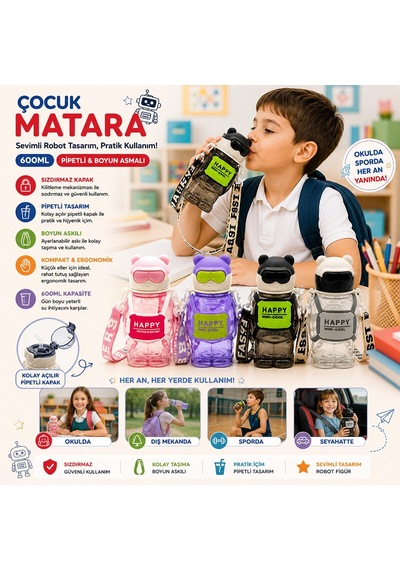 Yakut-14017 Çocuk Matara 600ml Suluk Renkli Plastik Pipetli Robot Figür Boyun Asmalı Diğer