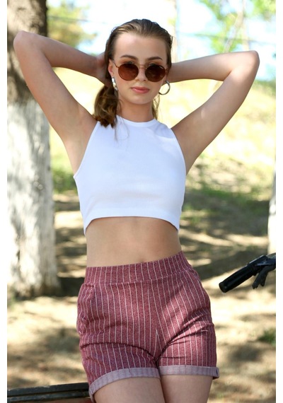 İbrahim Burak Etiler Collectıon Moda Çizgi Şort Crop Bordo Takım 26550