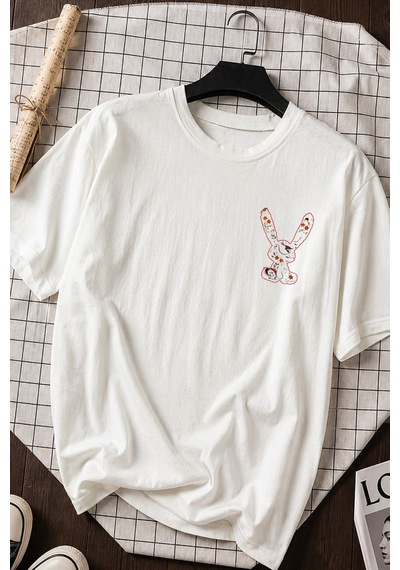 Spoyi Vintage Bunny Tasarımlı %100 Pamuk Yarım Oversize Beyaz T-lhirt