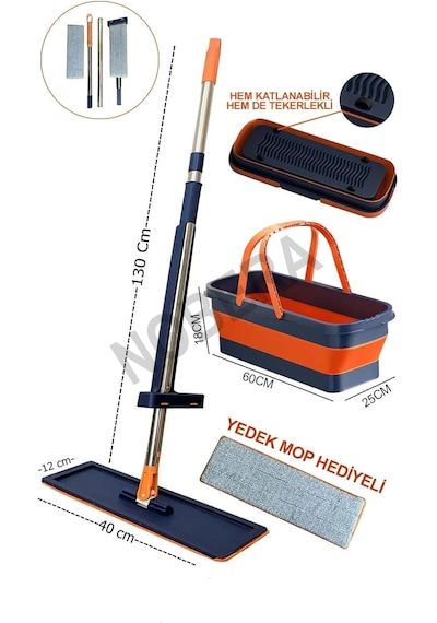 Nobera Mop Ve Kova Seti Tekerlekli, Katlanabilir, Dar Alanlara Uygun +1 Yedek Bezli Kendinden Sıkmalı