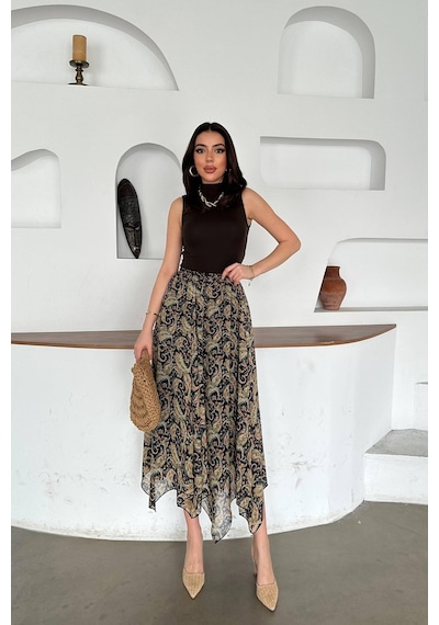 Alemdarshop Lacivert Desenli Şifon Dilimli Etek