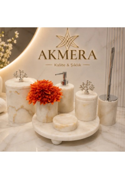 Sarı Tonlu Mermer Top Ayaklı Gerçek Mermer 7 Parça Ultra Lüks Banyo Seti Beyaz - Gümüş