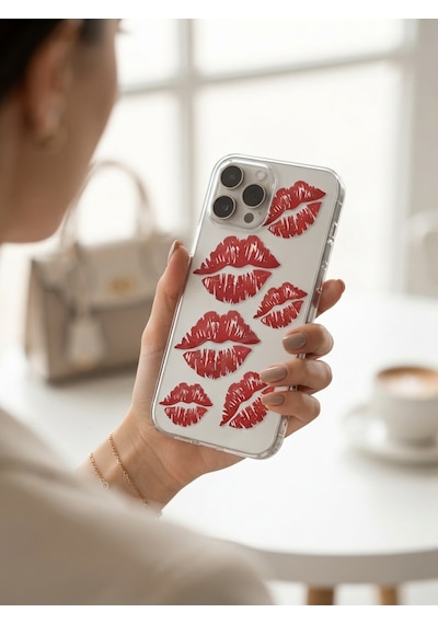 Hepsi Apple İphone Uyumlu 15 Pro Max Kırmızı Dudak / Öpücük Desenli Şeffaf Telefon Kılıfı Najmaddin Çok Renkli