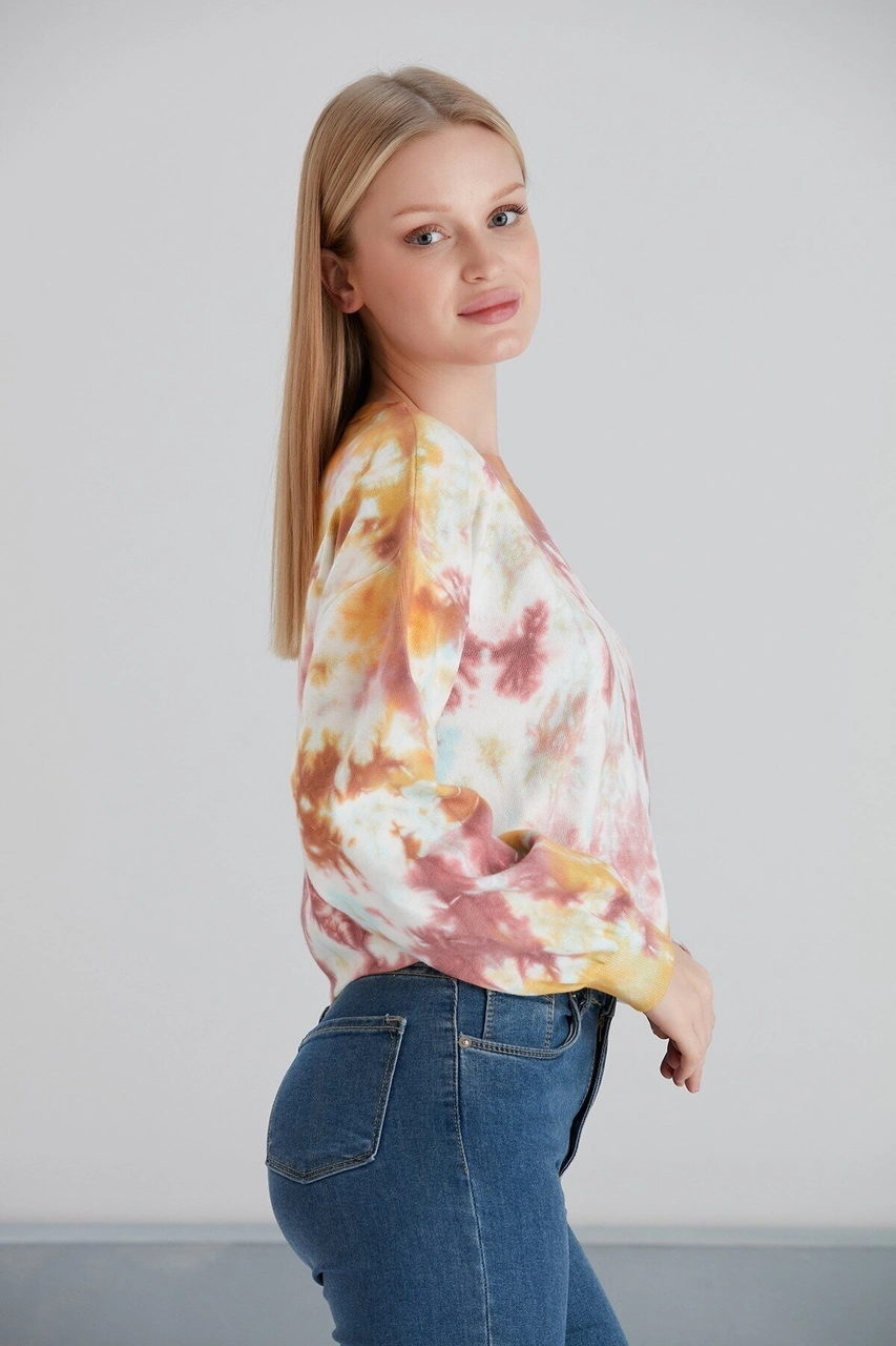 Mamayaga Kadın Batik Desen Crop Boy Sarı Pembe Bej Triko Kazak Pembe