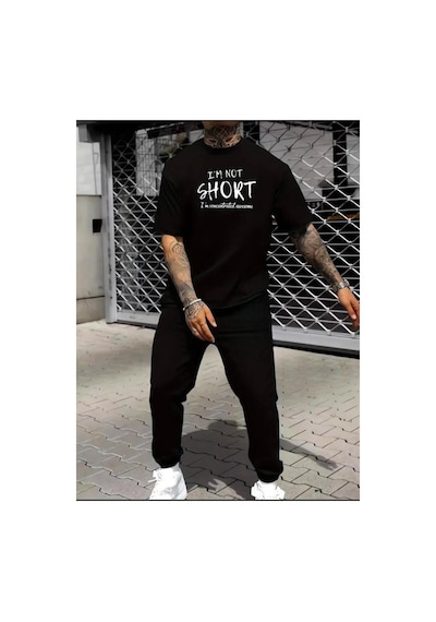 Medinenur I'm Not Short Baskılı T-shirt Eşofman Altı Jogger Rahat Kalıp Eşofman Takım Siyah