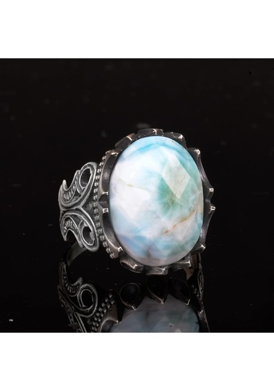 Erkek Sterlin Gümüş Yüzük - Doğal Larimar Taşı Gümüş