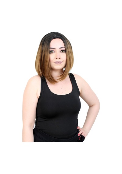 Kahkülsüz Düz Kısa Fiber Sentetik Peruk - Siyah / Karamel Ombreli