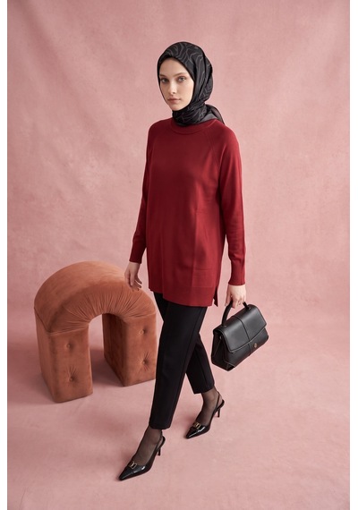 Armine Trend Bisiklet Yaka Uzun Kollu Sade Rahat Kesim Tunik Bordo 26ktd419