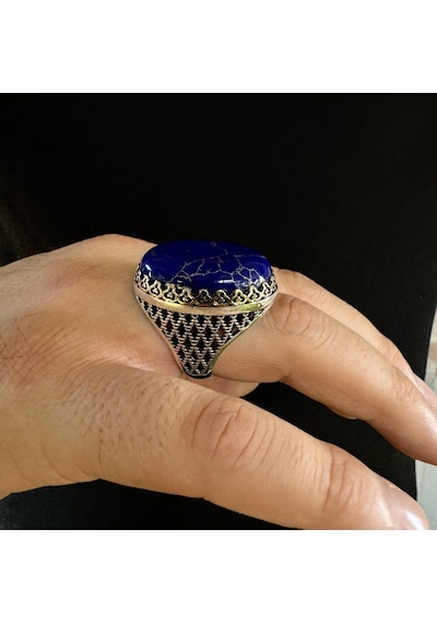 925 Ayar Gümüş Büyük Kasa Oval Lapis Lazuli Taşlı Erkek Yüzük Gümüş