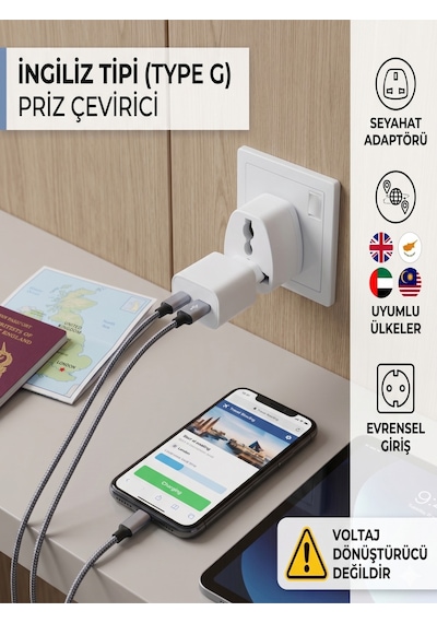 İngiltere, Kıbrıs, Dubai Uyumlu Priz Çevirici Adaptör Type G Evrensel Dönüştürücü Hac Prizi