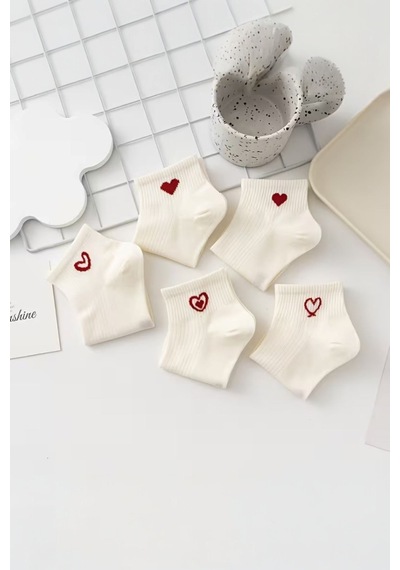 Hitit Socks Kadın 5 Çift Kalp Desenli Kısa Patik Çorap Ekru Çok Renkli