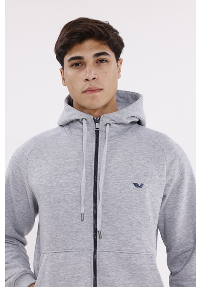 Rowinger Raglan Kol Tam Fermuarlı Kordonlu Kapüşon Kanguru Cepli Süper Koton Rahat Kalıp Kapüşonlu Sweatshirt Grey