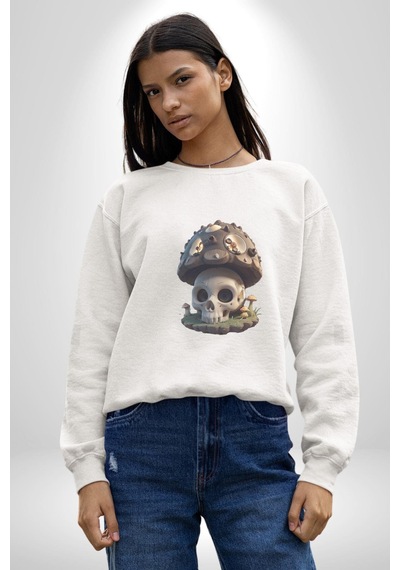 Kurukafa Mantar Ev Unisex Beyaz Baskılı Sweatshirt Beyaz
