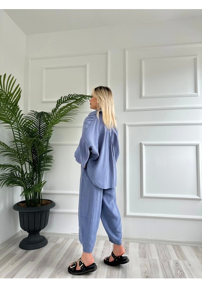 Keymoda Kadın Gömlek Pantolon Takım Gri Mavi Gri Mavi