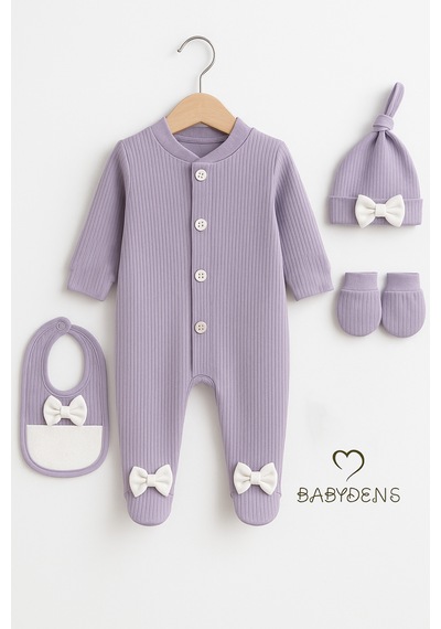 Babyden's 4 'lü Kız Bebek Fitilli Yenidoğan Bebek Tulum Seti %100 Pamuklu Hastane Çıkışı Lila