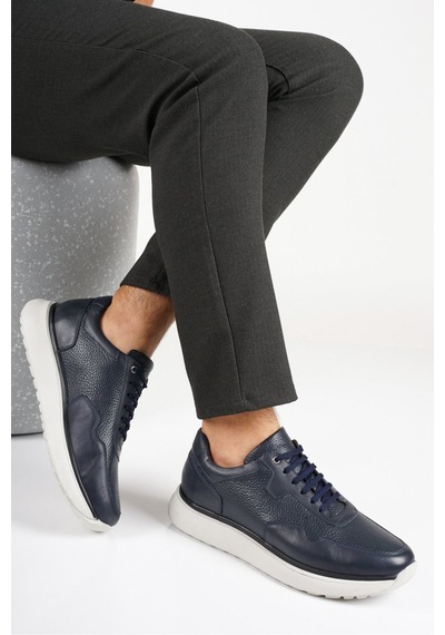 Fame Step Hakiki Deri Erkek Yürüyüş Ayakkabısı Casual Comfort Bağcıklı Ortopedik Günlük Rahat Taban Lacivert Sneaker Palermo