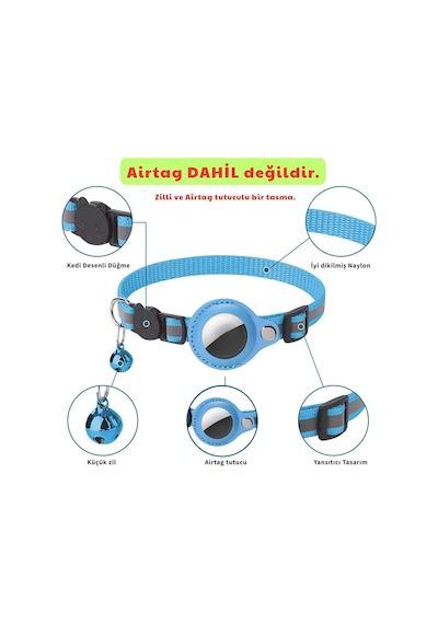 Etashop Airtag Uyumlu Reflektif Kedi Tasması Zilli Ayarlanabilir Kedi Boyun Tasması 22-32 Cm Mavi