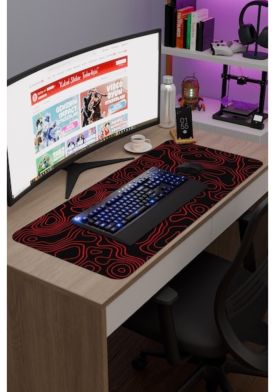 Kırmızı Siyah 90x40 Xxl Taraftar Gaming Oyuncu Mouse Pad Kaymaz Taban Büyük Fare Altlığı Topography