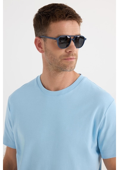 Tudors Unisex Relax Fit Rahat Kesim %100 Pamuk Yumuşak Dokulu Hafif Kalın Mavi Bisiklet Yaka Tişört-34938 Mavi