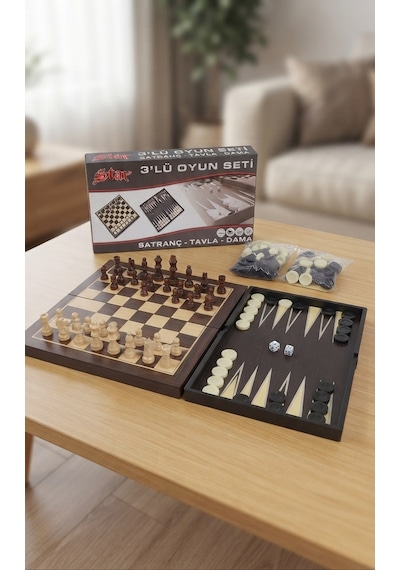 3'lü Oyun Seti 31x31 Cm - Satranç, Tavla Ve Dama Seti Katlanabilir Plastik / Ahşap Görünümlü Zeka Ve Strateji Oyunu