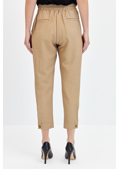Kadın Geniş Kemerli Paçası Düğmeli Keten Pantolon Camel Camel