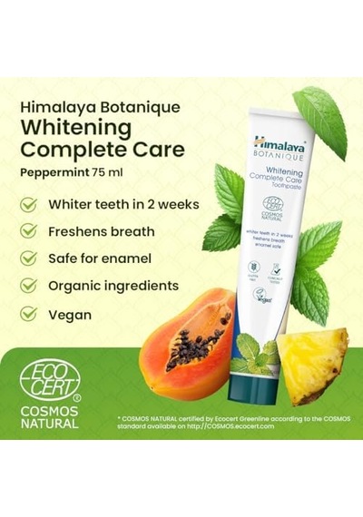 Himalaya Botanique Beyazlatıcı Komple Bakım Diş Macunu 75ml Ecocert Cosmos Sertifikalı Organik Aktif, Nane Aromalı Daha Beyaz Dişler, Daha Ferah Nefes Florür & Gluten İçermez