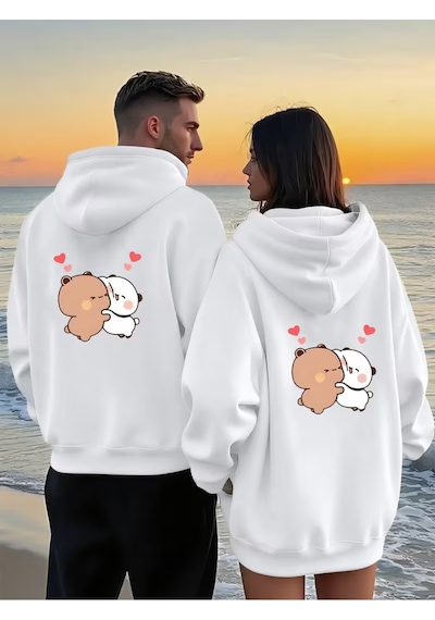 Nevermind Romantik Çift Sweatshirt Sevimli Ayıcık Desenli Oversize Kapüşonl Beyaz