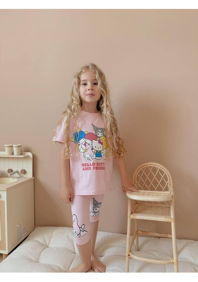 Miniko Kids Kız Çocuk Kısa Taytlı Hello Kitty Kuromi Basklı Pamuk Takım Pembe