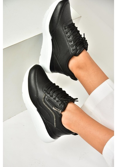 Fox Shoes U702020709 Siyah Kalın Tabanlı Spor Ayakkabı Sneakers Siyah-suni Deri Siyah