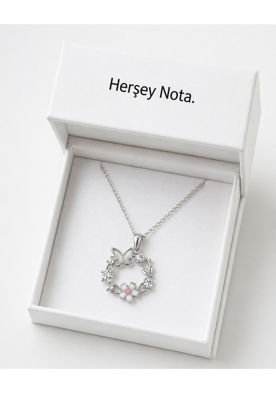 Butterfly Detaylı Çiçek Motifli 316l Çelik Kolye Hediye Altın - Gümüş