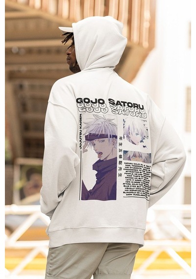 Anime Karakter Gojo Satoru Baskılı Unisex Oversize Jujutsu Kaisen Beyaz