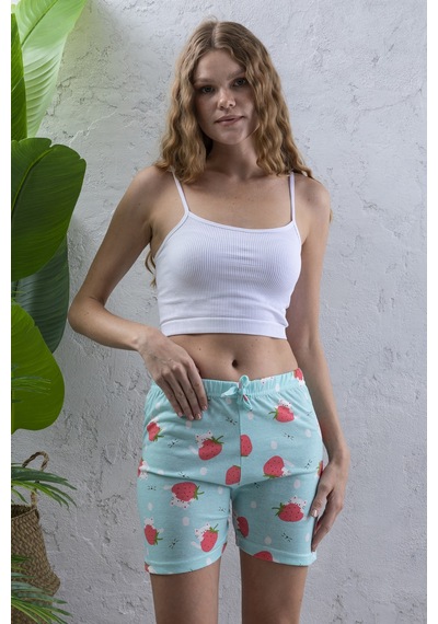 Giysa Kadın Beli Lastikli Desenli Şort Pijama Altı Turkuaz - 2027 Turkuaz