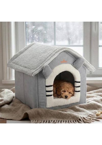 Klasik Çatılı Kedi Evi Ve Küçük Irk Köpek Kulübesi Ve Yuvası Minderli Peluş İç Mekan Yatağı, Fermuarlı Üst Bölüm, Taşınabilir Ev Tipi Yuva