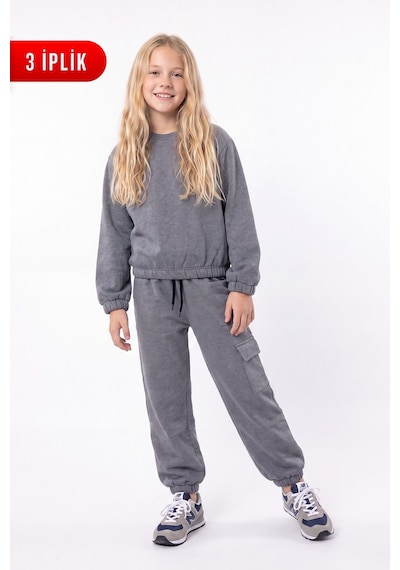 Fyk Kids 3 İplik Kız Çocuk Düz Kısa Bel Sweatshirt Bisiklet Yaka Eşofman Takımı Füme