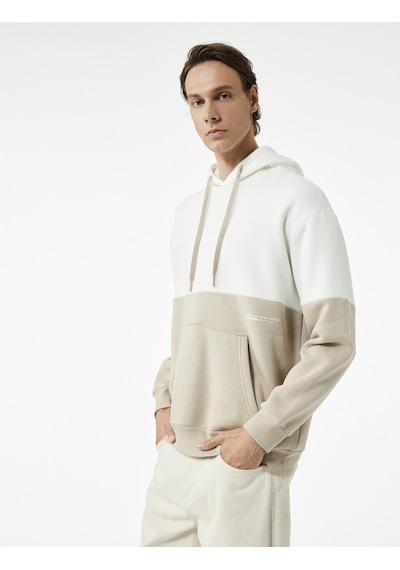 Koton Kapşonlu Renk Bloklu Pamuklu Şardonlu Oversize Kanguru Cepli Hoodie Bej 6wam70033mk Ekru