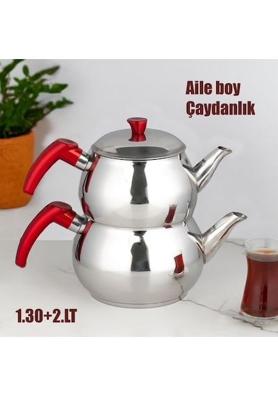 Aile Boy Paslanmaz Çelik Çaydanlık 1.30+2.00lt Çaydanlık Takımı Gri