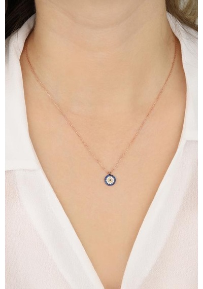 Klasik Taşlı Nazar Boncuğu Gümüş Kolye Rose Gold