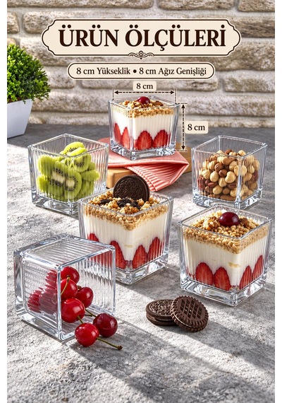 6' Lı Magnolia Cup Kase Cam Magnolya Puding Tatlı Dondurma Kasesi Sunum Seti Düz Çizgi Desenli