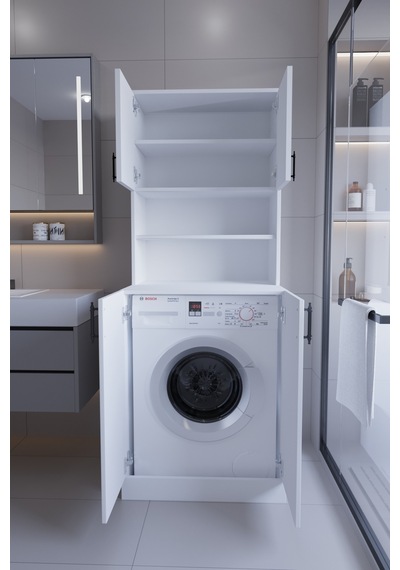 Leylak Çamaşır Makinesi Dolabı Çok Amaçlı Kapaklı Banyo Dolabı Çamaşır Odası Dolabı Beyaz