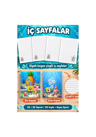 Sünger Bob A5 Spiralli Defter 60 Yaprak 120 Sayfa Çizgili Not Defteri Çok Renkli