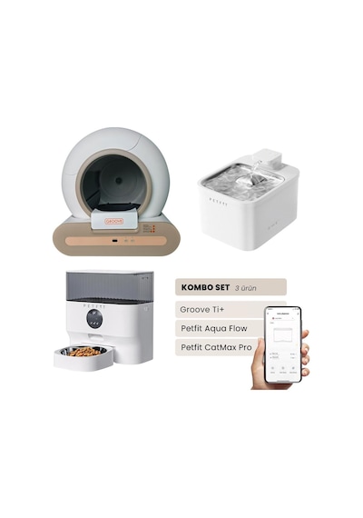 Groove Ti+ Akıllı Otomatik Kedi Tuvaleti Kahverengi - Petfit Aqua Flow Akıllı Bataryalı Su Pınarı Çeşmesi + Petfit Catmax Pro Akıllı Otomatik Mama Kabı Bundle