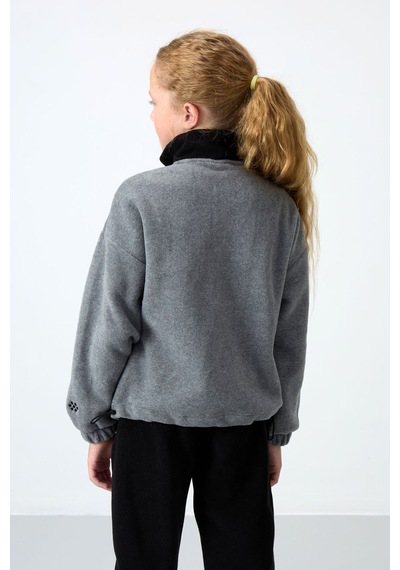 Tommy Life Gri Melanj Kalın Yumuşak Dokulu Oversize Nakışlı Polar Kız Çocuk Sweatshirt - 75153 Gri Melanj