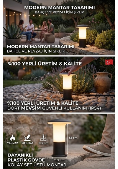 Tr Zita Mantar Serisi 32 Cm Dış Mekan Bahçe Duvar Set Üstü Aydınlatma Armatürü Kırılmaz Ve Yanmaz Gövde,