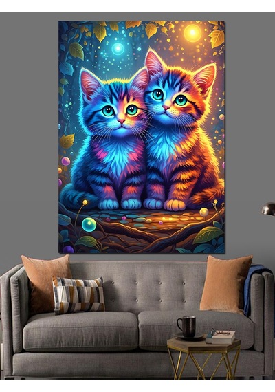 Ahşap Tablo Yıldızlı Gökyüzünde İki Renkli Kedi