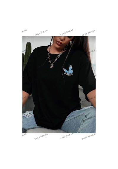 Startmore Kelebek Baskılı Oversize Kadın Siyah