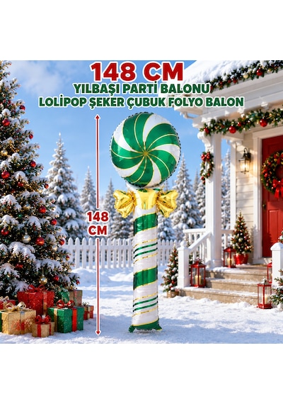 Vıp Yüksek Kalite 148 Cm Dev Fiyonklu Yeşil Beyaz Lolipop Şeker Çubuk Folyo Balon Yılbaşı Balonu
