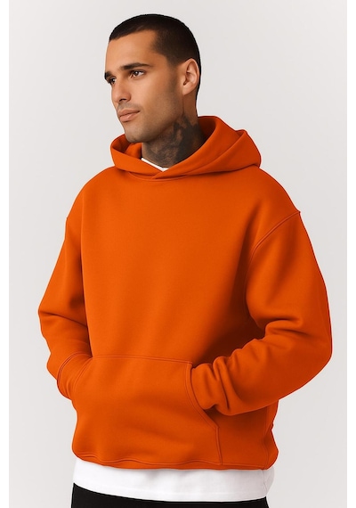 Benroma Düz Ünisex Oversize Kapüşonlu Sweatshırt Turuncu