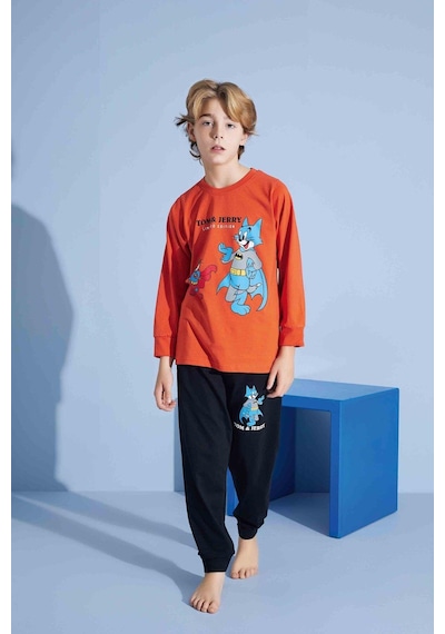Tarık Erkek Çocuk Sevimli Kedi Desenli Uzun Kollu Pijama Takımı-974 Kırmızı