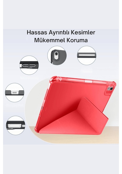 Apple Uyumlu iPad Air 13 İnç 2025 M3 Çip Kalem Bölmeli Standlı Akıllı Fuchsia Trifolding Tablet Kılıfı Kapaklı Kılıf